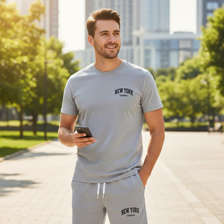Men's heather grey New York print jogging set, t-shirt and shorts