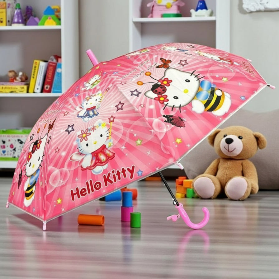 Pink kids umbrella canopy with Hello Kitty riding a bumble bee and stars