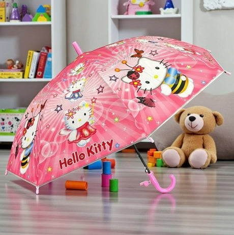 Pink kids umbrella canopy with Hello Kitty riding a bumble bee and stars