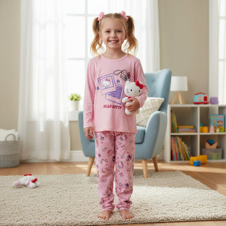 Pink children's outfit with Hello Kitty cartoon design in a living room setting