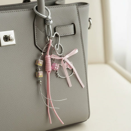Grey handbag with pink Hello Kitty keychain and decorative elements on a light surface