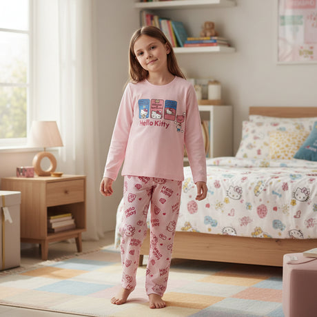 Pink 'Hello Kitty' pajama set worn in a bedroom setting