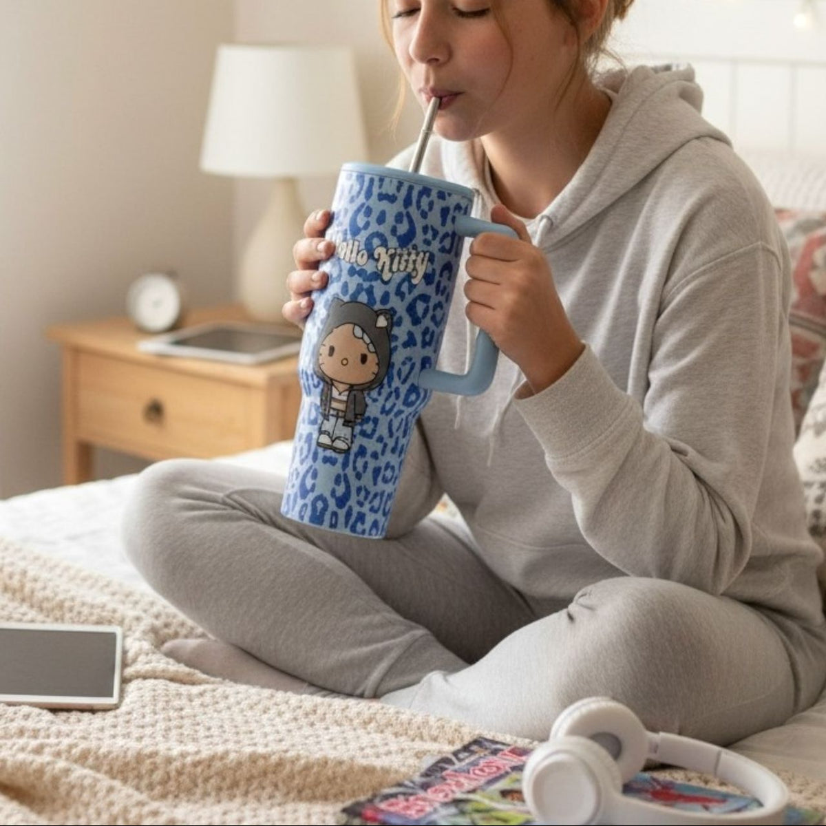 Girl on a bed drinking from a light blue Hello Kitty tumbler with blue leopard print