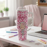 White Hello Kitty tumbler with hot pink leopard print and a white side handle