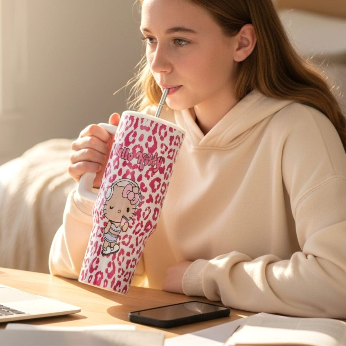 Girl sipping from a white Hello Kitty tumbler with pink leopard print and steel straw