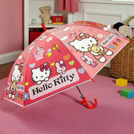 Open pink Hello Kitty kids umbrella with a bunny, flowers and a red curved handle