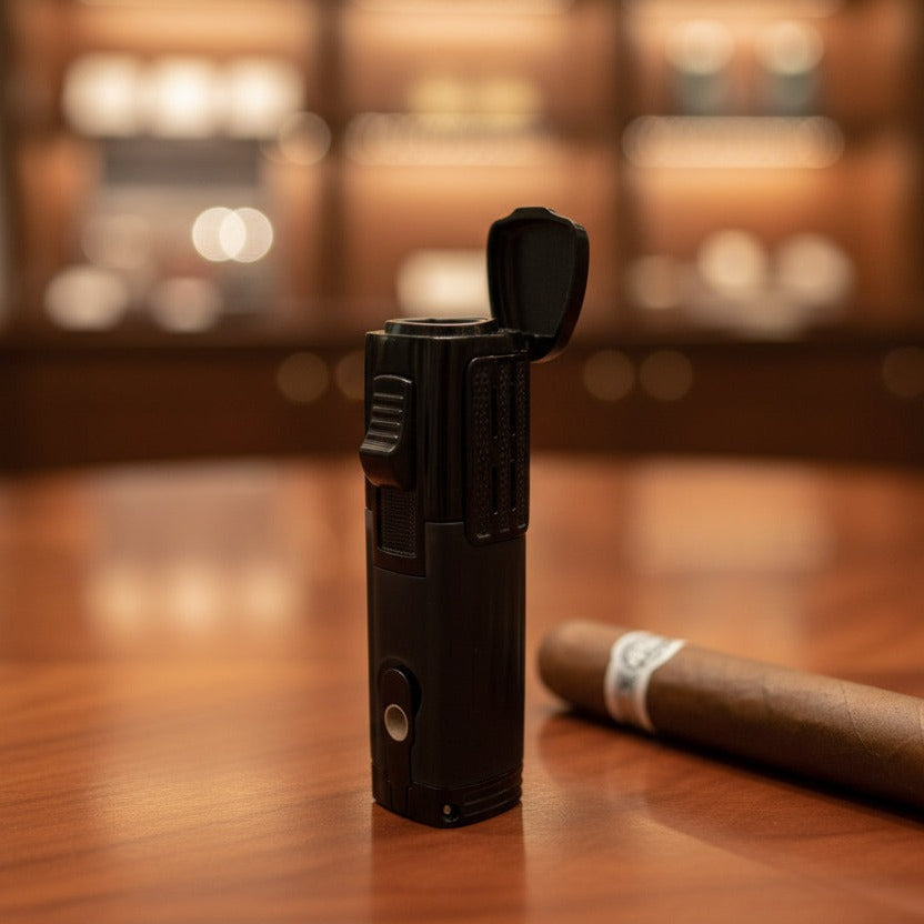 Black lighter and unlit cigar on a wooden surface with a blurred background