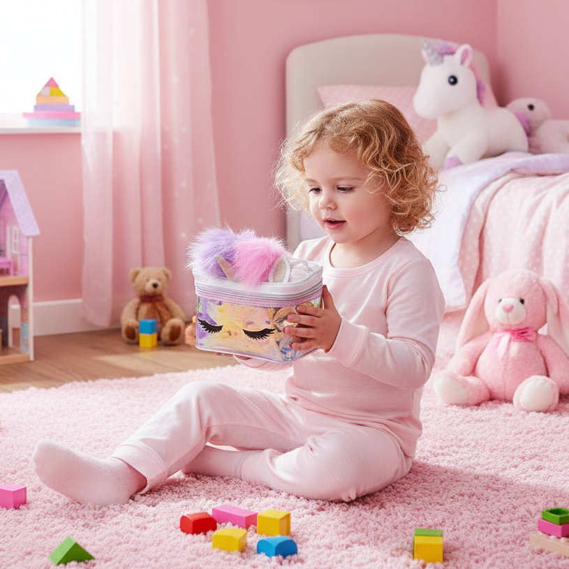 Toddler in a pink bedroom holding a shimmering unicorn vanity case with lilac and pink pom ears