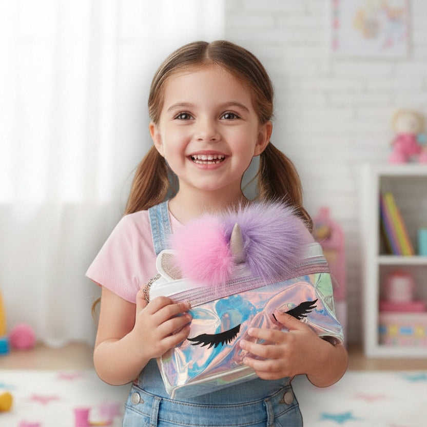 Girl in a pink top holding an iridescent unicorn makeup bag with lash print and fluffy pom ears
