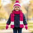 Bright fuchsia three piece knit set with pom pom hat, striped scarf and mittens