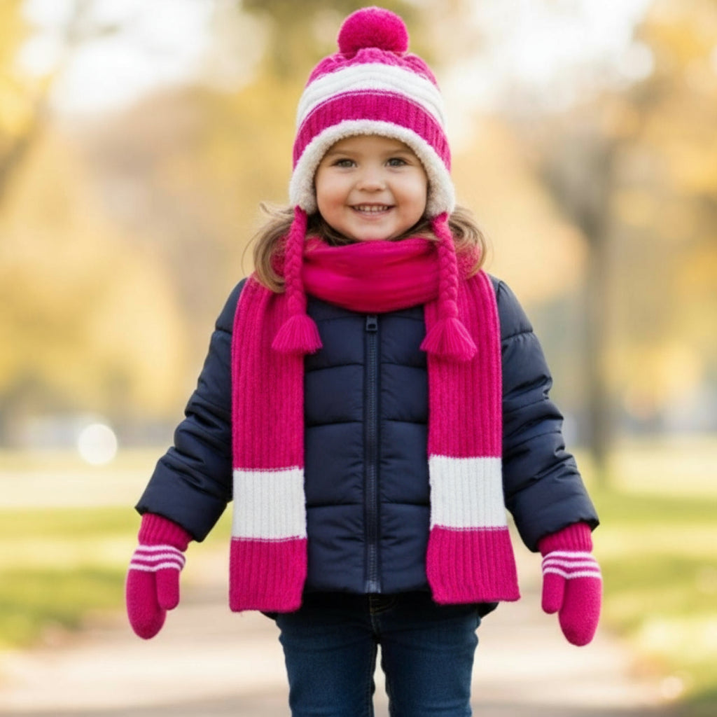 Bright fuchsia three piece knit set with pom pom hat, striped scarf and mittens
