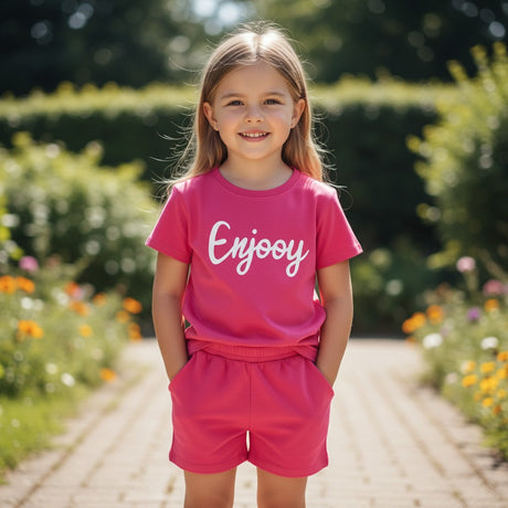 Girl in hot pink Enjooy print tee and matching shorts set, Jack Gifts Online Lebanon