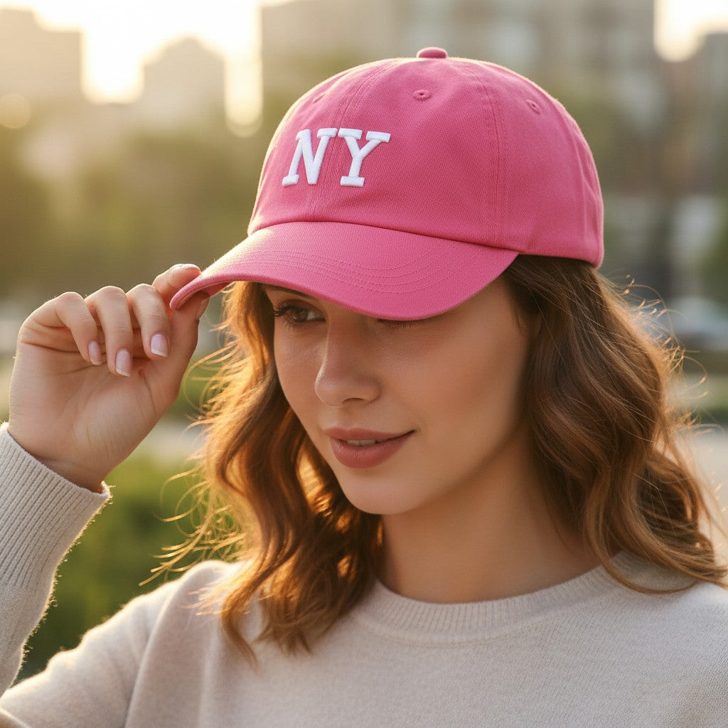 Woman wearing a bright pink embroidered cap outdoors at golden hour