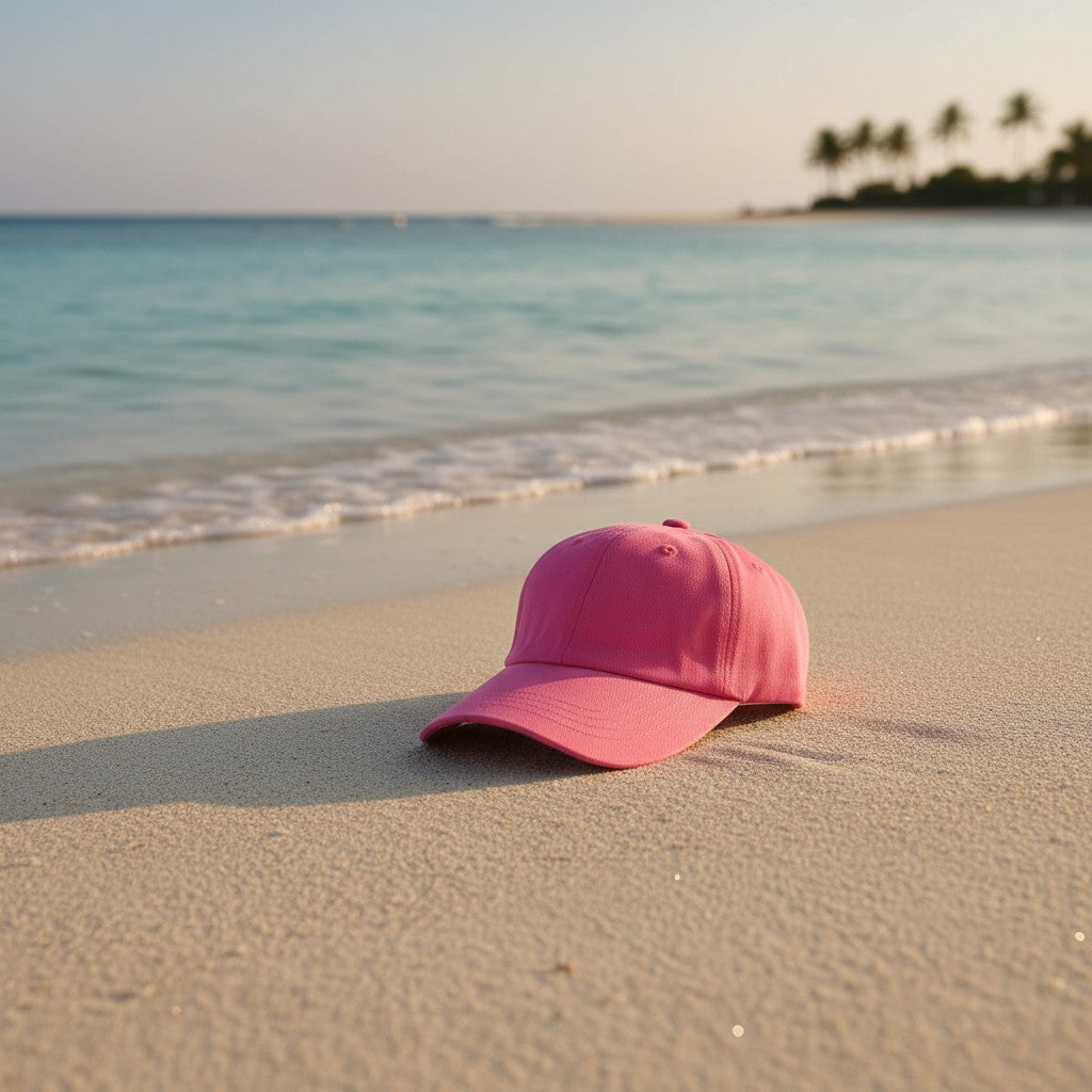 Bright pink cotton summer cap at the shoreline with palm trees behind