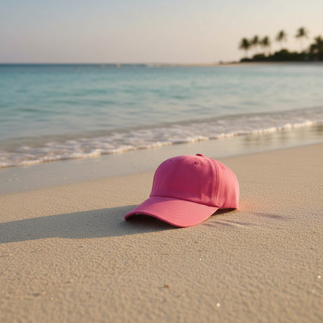 Bright pink cotton summer cap at the shoreline with palm trees behind