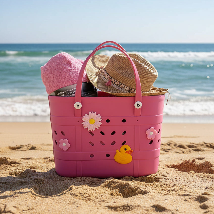 Pink crocs bag with a straw hat, and towel set on the beach.