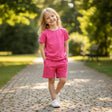 Girl in plain hot pink tee and matching shorts set, Jack Gifts Online Lebanon