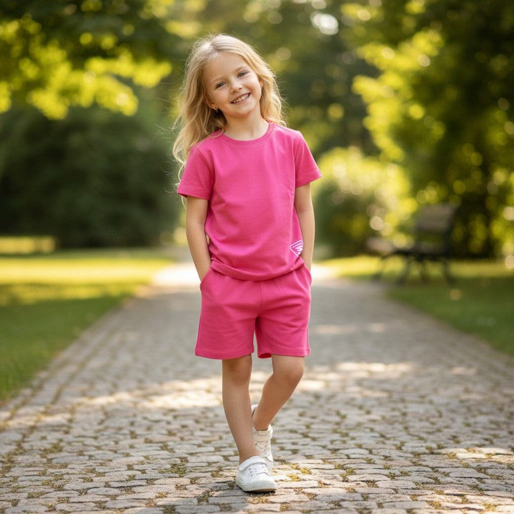 Girl in plain hot pink tee and matching shorts set, Jack Gifts Online Lebanon