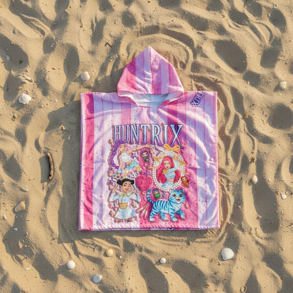 Pink Huntrix girl group hooded towel poncho for kids