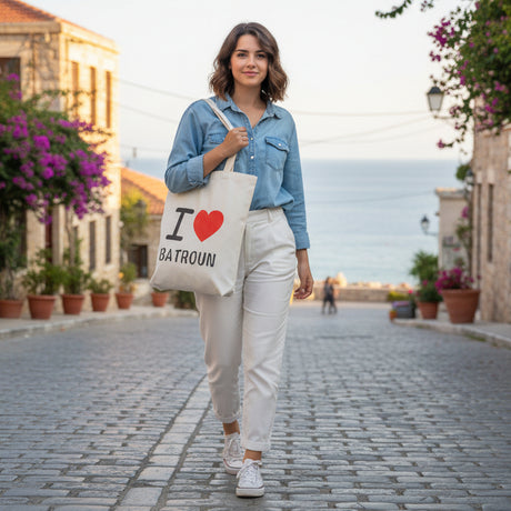 Woman carrying the I Love Batroun canvas tote on a cobbled seaside street