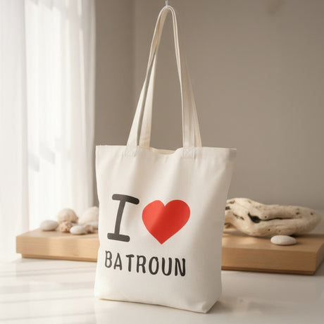 Cream canvas tote printed with a red heart above Batroun, hanging by a sunlit window