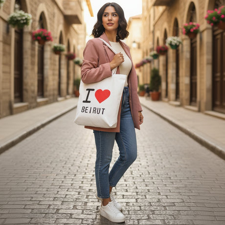 Woman carrying the I Love Beirut canvas tote through a stone alley