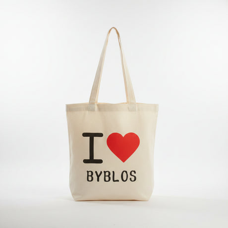 Natural canvas tote printed with a red heart above the word Byblos in black