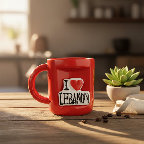 Bright red ceramic mug with the same raised white tile and red heart above Lebanon