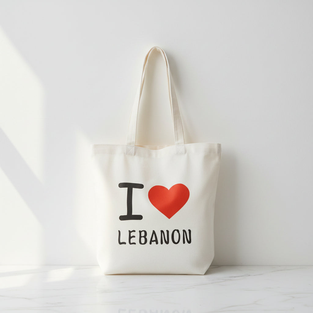 Natural canvas tote printed with a red heart above the word Lebanon in black