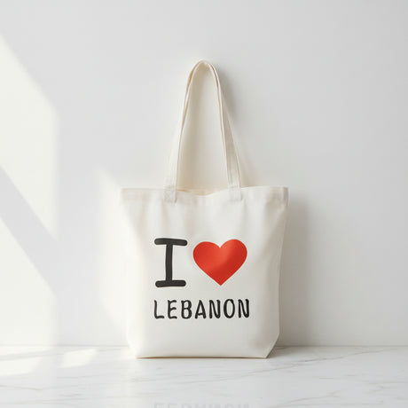 Natural canvas tote printed with a red heart above the word Lebanon in black