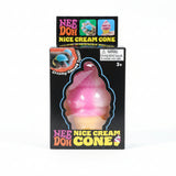 Pink swirl ice cream cone squishy toy inside its black retail box with a window front