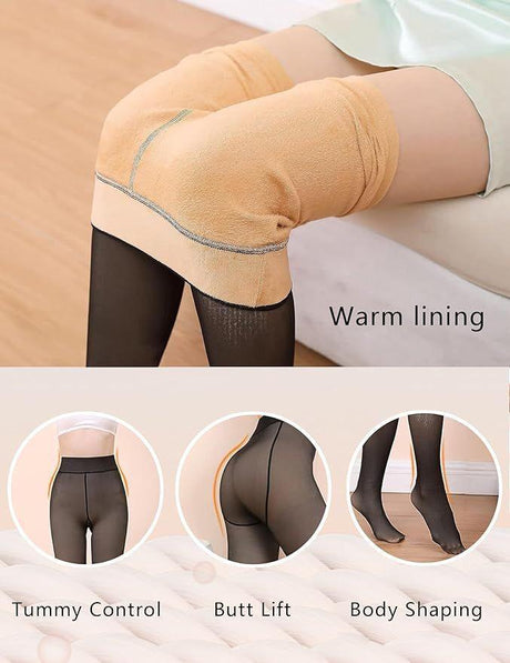 Illusion warmth tights worn by a person on a plain background