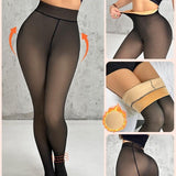 Fleece lined black tights on a model with insets showing the warm lining and high waist