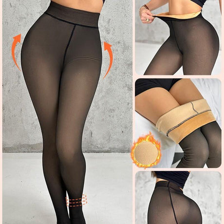 Collage of images showing fleece-lined black tights with high-waist design