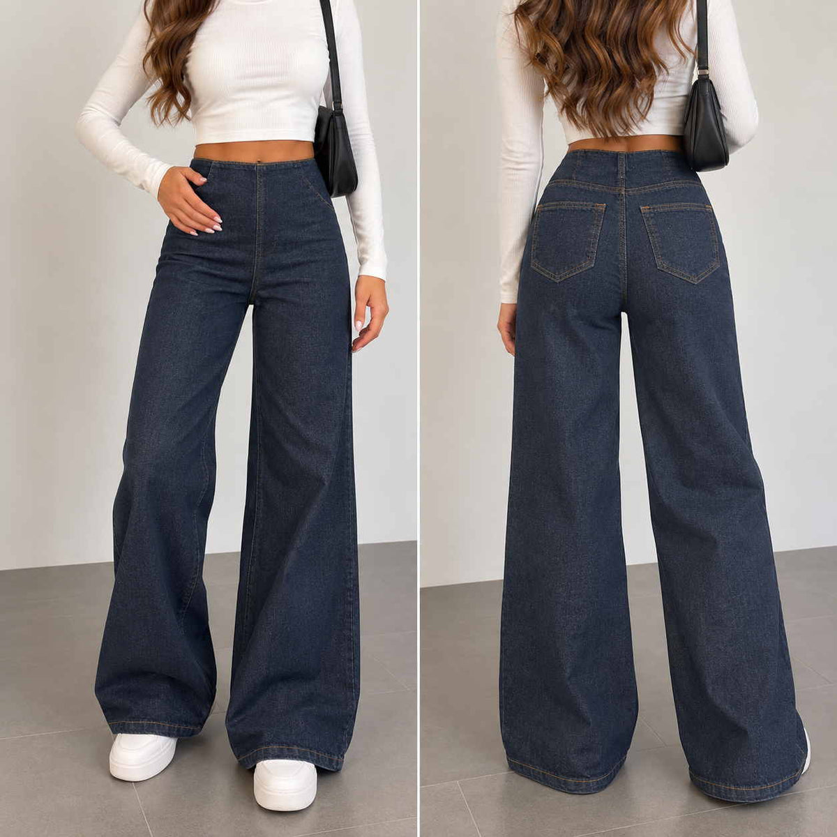 Front and back view of dark wash wide leg jeans showing the back patch pockets
