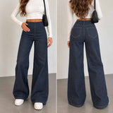 Front and back view of dark wash wide leg jeans showing the back patch pockets