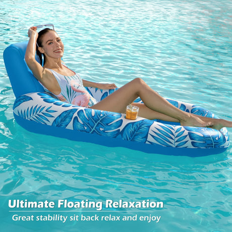 Woman relaxing on a blue inflatable pool float with leaf patterns in clear water