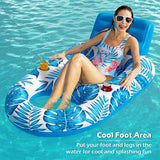 Woman sitting on a blue inflatable pool float with leaf patterns in clear water