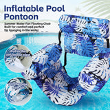 Inflatable pool pontoon with blue and white leaf pattern in a pool setting.