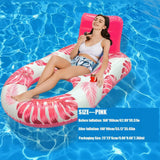 Woman lounging on a pink inflatable leaf print pool float in a pool