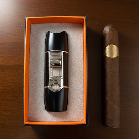 Cigar lighter in a box with a cigar on a wooden surface
