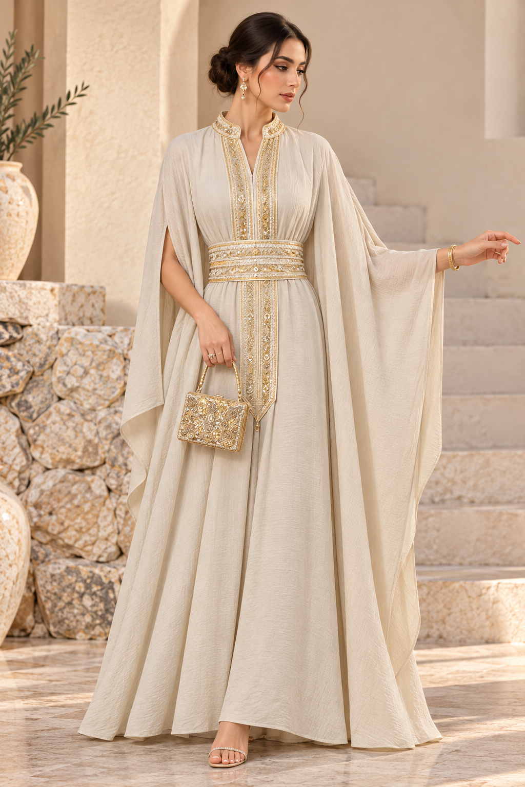 Woman in an ivory cape sleeve kaftan with a gold embroidered belt, standing on stone steps