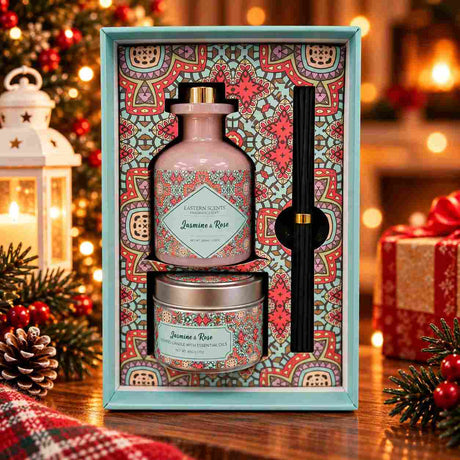 Jasmine and rose reed diffuser and tin candle with reed sticks in a mint mandala print box