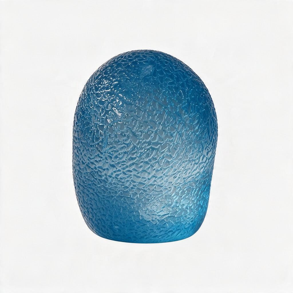 Blue jelly grip egg squishy with a frosted textured surface