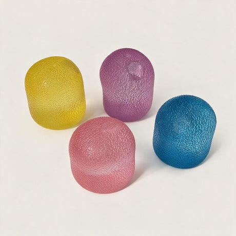 Four textured jelly grip egg squishies in yellow, purple, pink and blue
