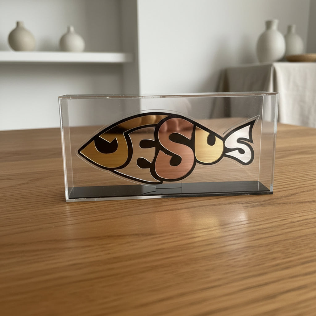 The word Jesus formed as a fish, each letter a different mirrored metal, on an oak table