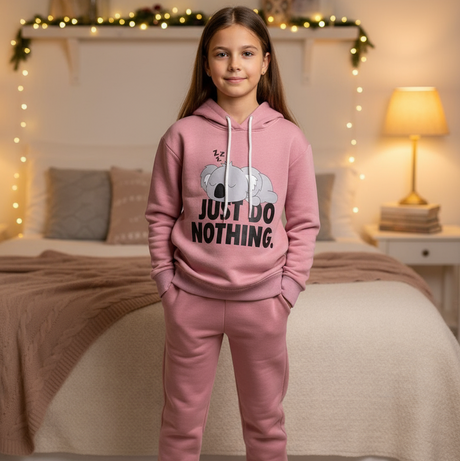 Dusty pink hoodie and joggers worn in a bedroom with warm fairy lights