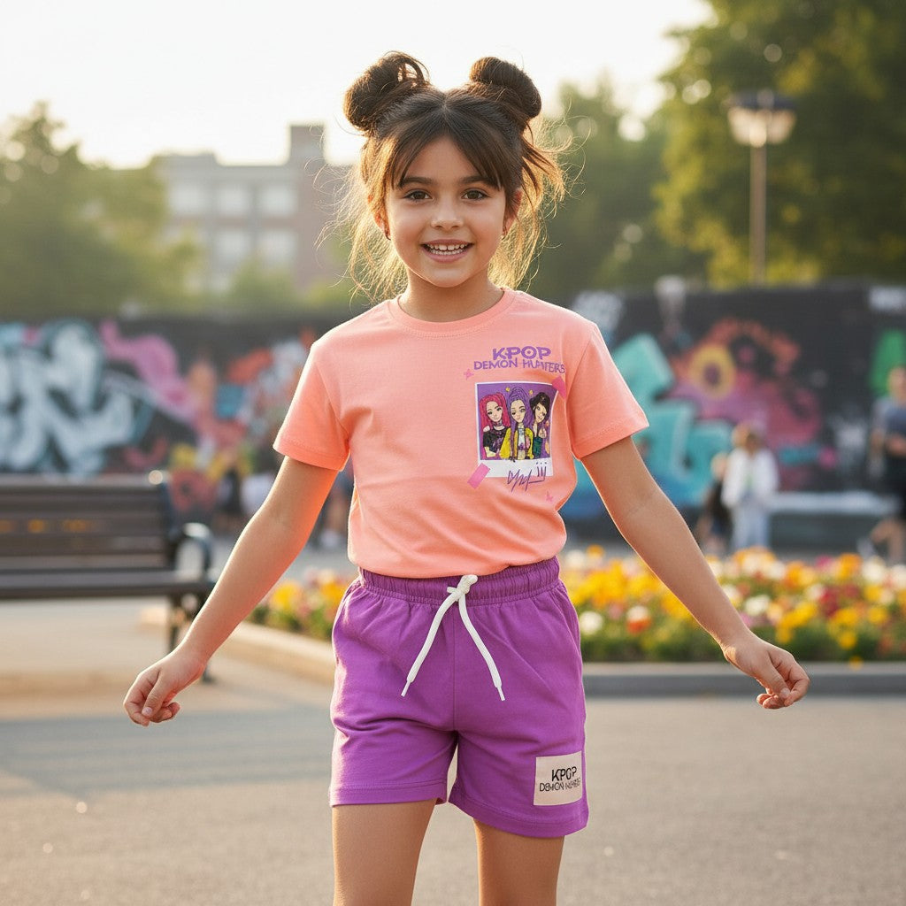 Young girl in a pink t-shirt and purple shorts standing in a park with graffiti and flowers in the background.