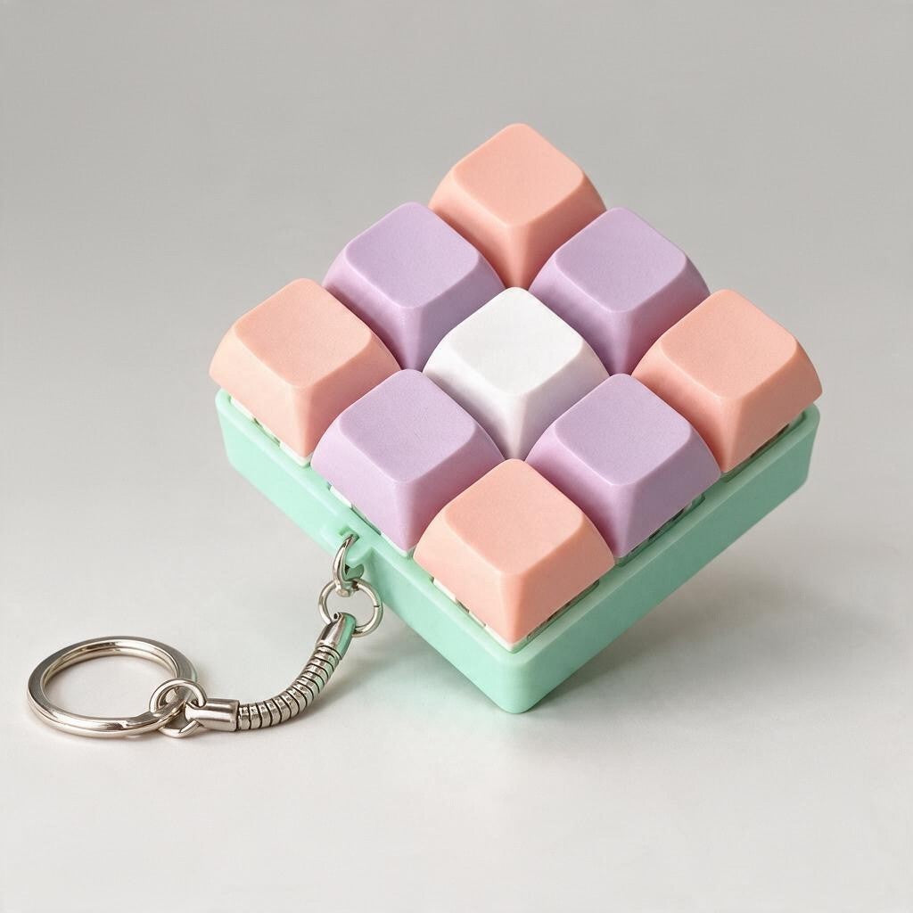 Coral and lilac keycap fidget with a white centre key on a mint base and a split ring