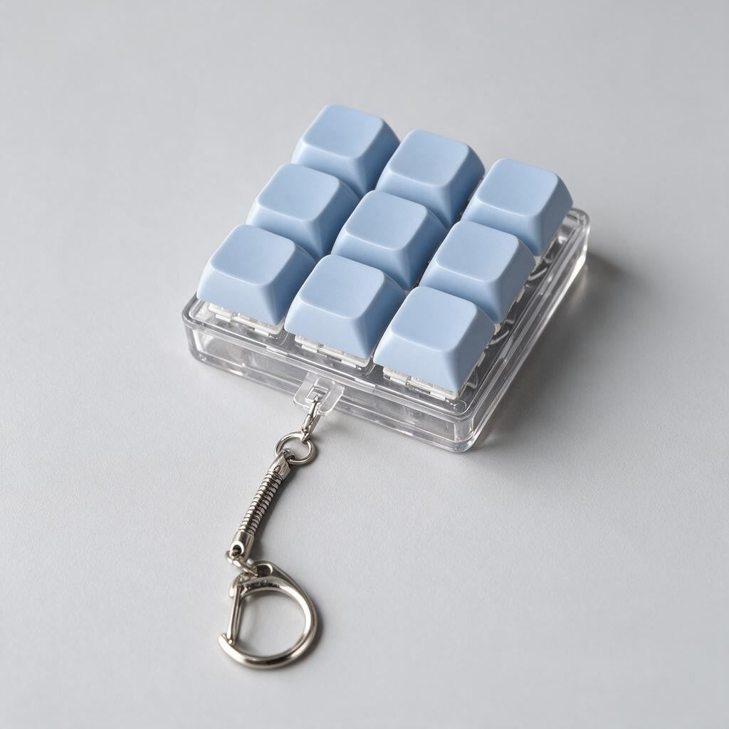Light blue keycap fidget clicker with nine keys in a clear case and a silver clip